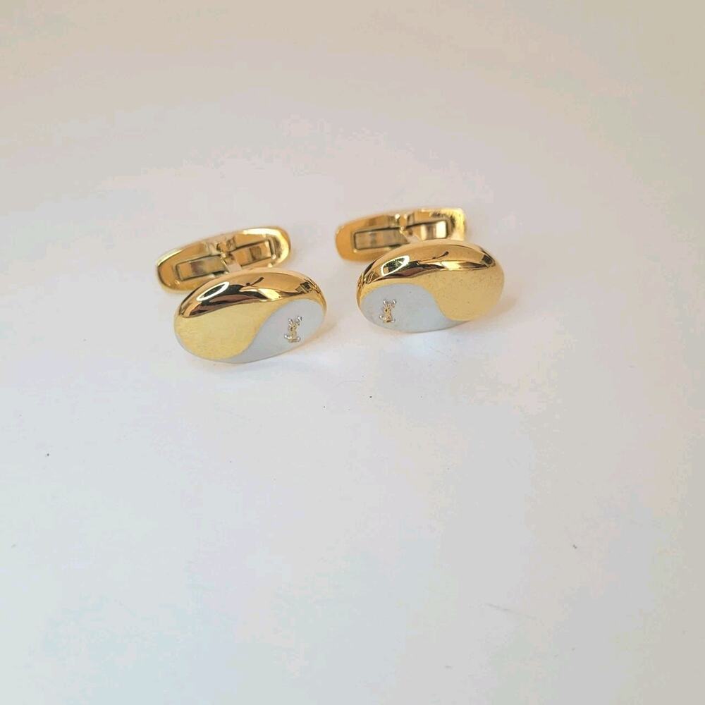 Yves Saint Laurent YSL Silver Gold Tone Oval Logo Cufflinks Retro Whale Back
